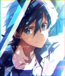  1boy bangs black_hair blue_eyes closed_mouth collarbone commentary_request copyright_name hair_between_eyes kirito male_focus ogura_ari short_hair smile solo sword sword_art_online upper_body weapon 