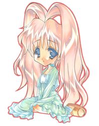  1girl 2000s_(style) akamatsu_sakura bangs betterman blue_choker blue_dress blue_eyes chibi choker collarbone dress eyebrows_visible_through_hair long_hair phonon_(moke_moke) pink_hair sitting slippers solo traditional_media twintails very_long_hair wariza 