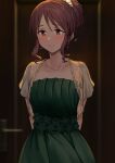  1girl anti_(0324) arms_behind_back blurry blurry_background blush collarbone depth_of_field door doorway dress earrings expressionless flower_trim green_dress idolmaster idolmaster_cinderella_girls jewelry looking_away mifune_miyu necklace off-shoulder_dress off_shoulder ponytail red_eyes redhead sheer_clothes solo 