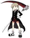  1girl dokan_(dkn) full_body gloves green_eyes long_hair maka_albarn necktie plaid plaid_skirt school_uniform scythe simple_background skirt solo soul_eater twintails weapon white_background white_gloves 