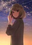  arms_up blue_eyes blush clouds eyebrows_visible_through_hair fringe_trim green_eyes heterochromia highres holding idolmaster idolmaster_cinderella_girls leaf looking_at_viewer mole mole_under_eye senju_(snz0) short_hair sky sunset takagaki_kaede 