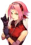 1girl adjusting_clothes adjusting_gloves black_gloves closed_mouth facial_mark female forehead_mark forehead_protector gloves green_eyes hankuri haruno_sakura headband jacket lips naruto naruto_(series) naruto_shippuuden pink_hair red_headband serious short_hair sleeveless sleeveless_jacket solo upper_body vest zipper