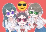  ahoge blue_hair brown_hair glasses hair_ornament hairband idolmaster idolmaster_cinderella_girls multiple_girls muramatsu_sakura new_wave_(idolmaster) ooishi_izumi ribbon school_uniform smile smug sunglasses tamachan_(gam_baru_ger) tsuchiya_ako 