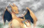  charizard charmander claws closed_mouth clouds cloudy_sky commentary_request daifuku_(pokefuka_art) grass hand_up no_humans open_mouth outdoors pokemon pokemon_(creature) rain sky wet 