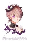  1girl absurdres bangs brown_hair closed_mouth flower frills hair_flower hair_ornament hair_over_one_eye highres honkai_(series) honkai_impact_3rd lips looking_at_viewer maid maid_headdress mole mole_under_eye purple_flower purple_rose rita_rossweisse rita_rossweisse_(umbral_rose) rose sdzy97510 short_hair simple_background smile solo violet_eyes white_background 