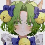  1girl :t bangs bell blue_bow blush bow cream cream_on_face dejiko di_gi_charat dot_nose food food_on_face green_eyes green_hair grey_background hair_bell hair_bow hair_ornament highres iwawa jingle_bell looking_to_the_side neck_bell parted_bangs portrait short_hair solo 