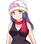  1girl beanie blush breasts closed_mouth commentary eyelashes grey_eyes hat hikari_(pokemon) long_hair looking_at_viewer pokemon pokemon_(anime) pokemon_dppt_(anime) re-tori scarf shirt simple_background sleeveless sleeveless_shirt smile solo upper_body white_background white_headwear 