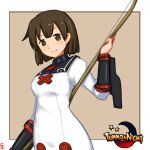  bow_(weapon) brown_eyes brown_hair commentary_request cosplay cosplay_request cowboy_shot cy301 dress hiryuu_(kancolle) kantai_collection logo_parody one-hour_drawing_challenge one_side_up parody short_hair summon_night title_parody weapon white_dress yumi_(bow) 