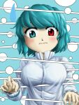  1girl bangs blue_background blue_eyes blue_hair blush breasts buttons closed_mouth commentary_request frilled_shirt frills heterochromia large_breasts long_sleeves looking_down official_style parasite_oyatsu parody red_eyes shirt short_hair solo split_depth style_parody sweatdrop tatara_kogasa touhou upper_body wavy_mouth white_shirt zun_(style) 
