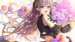  1girl :d amyu_(amm_asl_pa) balloon black_shirt blurry blurry_background blurry_foreground blush bouquet breasts commentary demon_horns detached_sleeves eyebrows_visible_through_hair floating_hair flower from_side hair_between_eyes heart_balloon highres holding holding_bouquet honey_strap horns lace_trim light_purple_hair long_hair medium_breasts mole mole_under_mouth open_mouth pointy_ears saionji_mary shirt smile solo upper_body violet_eyes virtual_youtuber 