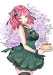  1girl bangs bare_arms black_legwear black_ribbon black_shirt blue_eyes blunt_bangs blush bow breasts brooch butterfly_hair_ornament cake cake_slice flower food frilled_skirt frills go-toubun_no_hanayome green_bow green_skirt hair_ornament heart high-waist_skirt highres holding holding_plate jewelry ku-ini large_breasts looking_at_viewer nail_polish nakano_nino one_eye_closed open_mouth pink_hair pink_nails plate ribbon shirt simple_background skirt sleeveless sleeveless_shirt sparkling_eyes strawberry_shortcake thick_thighs thigh-highs thighs twintails wrist_cuffs zettai_ryouiki 