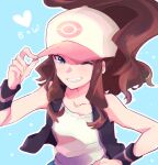  1girl baseball_cap black_vest blue_background blue_eyes brown_hair collarbone commentary_request eyelashes grin hand_on_headwear hand_on_hip hand_up hat heart high_ponytail hilda_(pokemon) long_hair misha_(ohds101) one_eye_closed open_clothes open_vest pokemon pokemon_(game) pokemon_bw shirt sidelocks sleeveless sleeveless_shirt smile solo teeth upper_body vest white_shirt wristband 