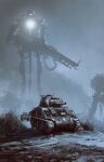  absurdres fog giant glowing grass ground_vehicle gun highres holding holding_gun holding_weapon kalmahul mecha military military_vehicle motor_vehicle night night_sky no_humans original outdoors path sky tank tree weapon 