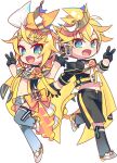  1boy 1girl aqua_eyes bass_clef belt black_gloves black_legwear black_shorts blonde_hair bow cape chibi crop_top crown flower gloves grey_legwear grey_shorts hair_bow half_gloves hip_gear kagamine_len kagamine_rin leg_up looking_at_viewer midriff navel negi_(ulog&#039;be) official_art open_mouth over-kneehighs pendant_choker short_ponytail short_shorts shorts smile spiky_hair standing standing_on_one_leg thigh-highs transparent_background treble_clef two-tone_bow v vocaloid white_bow yellow_bow yellow_cape yellow_flower 