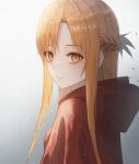  1girl absurdres asuna_(sao) bangs bell_(pixiv12536604) blonde_hair braid brown_eyes cape closed_mouth eyebrows_visible_through_hair french_braid from_side gradient gradient_background grey_background hair_between_eyes hair_intakes highres hood hood_down hooded long_hair looking_at_viewer red_cape shiny shiny_hair solo sword_art_online upper_body white_background 