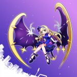  1girl bangs blonde_hair blue_dress blunt_bangs braid commentary_request dress elbow_gloves gloves green_eyes hair_ornament headband koruku13 lillie_(pokemon) long_hair lunala night night_sky official_alternate_costume pokemon pokemon_(game) pokemon_masters_ex sky twin_braids wings 