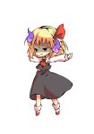  1girl arms_up ascot bangs black_eyes blonde_hair chibi collar collared_shirt dairi eyebrows_visible_through_hair full_body ghost grey_skirt grey_vest hair_between_eyes hair_ribbon hands_up long_skirt long_sleeves looking_to_the_side open_mouth red_ascot red_eyes red_footwear red_ribbon ribbon rumia shaded_face shirt shoes short_hair simple_background skirt smile smug socks solo standing tachi-e touhou vest white_background white_legwear white_shirt white_sleeves 