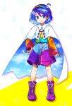  1girl ahoge belt blue_eyes blue_hair boots brown_belt cape cloak cloud_print full_body highres long_sleeves multicolored_clothes multicolored_hairband multicolored_shirt multicolored_shorts patchwork_clothes pote_(ptkan) purple_footwear rainbow_gradient red_button shirt short_hair shorts sky_print smile tenkyuu_chimata touhou white_cape white_cloak zipper 