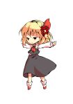  1girl anger_vein angry arms_up ascot bangs black_eyes blonde_hair chibi closed_mouth collar collared_shirt dairi eyebrows_visible_through_hair full_body grey_skirt grey_vest hair_between_eyes hair_ribbon hands_up long_skirt long_sleeves looking_to_the_side red_ascot red_eyes red_footwear red_ribbon ribbon rumia shaded_face shirt shoes short_hair simple_background skirt socks solo standing tachi-e touhou vest white_background white_legwear white_shirt white_sleeves 