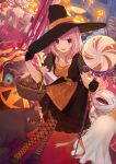  1girl bat candy costume fishnet_legwear fishnets food ghost halloween halloween_costume hat highres jack-o&#039;-lantern lollipop otogi_lilu pumpkin purple_hair short_hair smile swirl_lollipop violet_eyes virtual_youtuber wactor_production witch witch_hat 