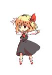  1girl arms_up ascot bangs black_eyes blonde_hair chibi collar collared_shirt dairi eyebrows_visible_through_hair full_body grey_skirt grey_vest hair_between_eyes hair_ribbon hands_up long_skirt long_sleeves looking_to_the_side open_mouth red_ascot red_eyes red_footwear red_ribbon ribbon rumia shaded_face shirt shoes short_hair simple_background skirt socks solo standing tachi-e touhou vest white_background white_legwear white_shirt white_sleeves 