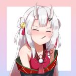 1girl bangs closed_eyes eyebrows_visible_through_hair food hair_ornament hololive horns japanese_clothes long_hair mouth_hold multicolored_hair nakiri_ayame oni oni_horns pocky pocky_day redhead simple_background solo streaked_hair virtual_youtuber white_background white_hair yellow_tail!_(artist) 