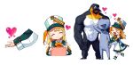  &gt;_&lt; 1girl :d band_uniform bird broguin closed_eyes detached_sleeves dress emperor_penguin hat heart height_difference highres holding holding_needle knitting knitting_needle multiple_views muscular needle official_art pengin_pina penguin prism_project rinotuna sailor_dress scarf shako_cap smile thigh-highs virtual_youtuber xd yarn 