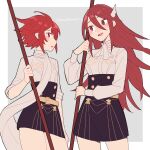  2girls :o alternate_costume ascot bangs belt blush buttons cordelia_(fire_emblem) do_m_kaeru eyebrows_visible_through_hair fire_emblem fire_emblem:_three_houses fire_emblem_awakening fire_emblem_fates from_side garreg_mach_monastery_uniform hair_between_eyes hair_ornament hinoka_(fire_emblem) holding holding_polearm holding_weapon long_hair long_sleeves looking_to_the_side multiple_girls open_mouth polearm red_eyes redhead scarf short_hair sidelocks sleeves_rolled_up smile spear tongue twitter_username uniform very_long_hair weapon white_neckwear white_scarf wing_hair_ornament yellow_belt 