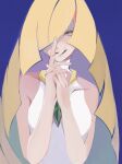  1girl 3_(dontcry_uguisu) alternate_eye_color bangs bare_arms blonde_hair blush collarbone commentary_request diamond_(shape) dress emerald_(gemstone) hair_over_one_eye hands_up highres long_hair looking_at_viewer lusamine_(pokemon) own_hands_together pokemon pokemon_(game) pokemon_sm sleeveless sleeveless_dress smile solo upper_body white_dress yellow_eyes 