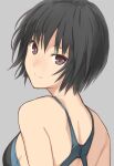  1girl amagami bangs bare_arms bare_shoulders black_hair bob_cut breasts brown_eyes closed_mouth commentary competition_swimsuit eyebrows_visible_through_hair grey_background highres looking_at_viewer nanasaki_ai one-piece_swimsuit serizawa_(serizawaroom) short_hair smile solo swimsuit 