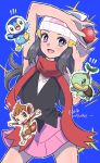  1girl :d bare_arms beanie black_hair black_shirt blue_background bright_pupils chimchar commentary_request eyelashes grey_eyes hat highres hikari_(pokemon) holding holding_poke_ball long_hair notice_lines open_mouth pink_skirt piplup poke_ball poke_ball_(basic) pokemon pokemon_(creature) pokemon_(game) pokemon_dppt red_scarf scarf shiny shiny_skin shirt skirt sleeveless sleeveless_shirt smile starter_pokemon_trio tonayon tongue turtwig white_headwear white_pupils 