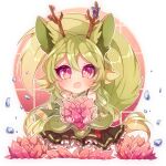  1girl animal_ears antlers artist_name chibi commentary commission flower green_hair hair_between_eyes holding holding_flower kokotensho long_hair looking_at_viewer open_mouth original pink_eyes solo tail transparent_background wide_sleeves 