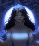  artist_name blue_eyes blurry blurry_foreground breasts clouds dress hair_between_eyes highres ikram isabella_(yakusoku_no_neverland) large_breasts looking_at_viewer messy_hair moon night night_sky sky smile upper_body watermark white_dress yakusoku_no_neverland 