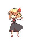  1girl arms_up ascot bangs blonde_hair chibi collar collared_shirt crying dairi eyebrows_visible_through_hair full_body grey_skirt grey_vest hair_between_eyes hair_ribbon hands_up long_skirt long_sleeves open_mouth red_ascot red_footwear red_ribbon ribbon rumia shaded_face shirt shoes short_hair simple_background skirt smile socks solo standing tachi-e tears touhou vest white_background white_legwear white_shirt white_sleeves 