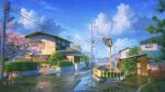  artist_name blue_sky building bush cherry_blossoms clouds commentary_request dankalaning day door english_text grass highres house japan kyoto lamppost no_humans original plant power_lines railing reflection reflective_water road scenery sky tree utility_pole water_drop window 