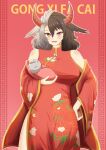  1girl absurdres animal_ears bare_shoulders black_hair breasts china_dress chinese_clothes chinese_new_year chinese_zodiac covered_navel cow_ears cow_horns cowboy_shot dress grey_hair hand_on_hip haori highres horns japanese_clothes large_breasts looking_at_viewer mandarin_collar medium_hair multicolored_hair open_mouth red_eyes red_horns sharkudon statue touhou two-tone_hair ushizaki_urumi wide_sleeves year_of_the_ox 