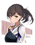  1girl alakoala brown_eyes brown_hair dated highres japanese_clothes kaga_(kancolle) kantai_collection long_hair looking_at_viewer muneate one-hour_drawing_challenge side_ponytail solo tasuki twitter_username upper_body white_background 