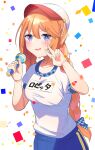  1girl absurdres bangs bloomers blue_eyes blush braid breasts commentary_request eyebrows_visible_through_hair hair_between_eyes hat highres looking_at_viewer microphone open_mouth orange_hair princess_connect! shirt underwear v white_shirt ya.yu. yuni_(princess_connect!) 