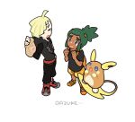  2boys ahoge alolan_raichu backpack bag bangs black_hoodie black_pants black_shirt blonde_hair clenched_hands closed_eyes commentary_request daifuku_(pokefuka_art) dark-skinned_male dark_skin eyelashes floral_print gladion_(pokemon) green_hair grey_eyes hands_up hau_(pokemon) holding hood hood_down hoodie male_focus multiple_boys open_mouth orange_bag orange_footwear orange_shorts pants paper_bag pokemon pokemon_(creature) pokemon_(game) pokemon_sm red_footwear shirt shoes short_hair short_ponytail shorts standing 