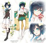  1boy 2021 apple billie_(meng_gong_fang) blue_eyes blue_hair bow bowtie braid chest_tattoo commentary_request dakimakura_(medium) dated eyebrows_visible_through_hair flower food frilled_shirt frills fruit full_body genshin_impact gradient_hair hair_between_eyes hair_flower hair_ornament hat holding holding_flower holding_food holding_fruit long_sleeves looking_at_viewer lying multicolored_hair multiple_views on_back open_clothes open_mouth open_shirt pantyhose shirt shorts smile tattoo teeth tongue twin_braids venti_(genshin_impact) vision_(genshin_impact) 