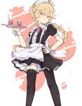  1boy :t aether_(genshin_impact) ahoge apron bangs black_legwear black_shirt blonde_hair blush bow braid center_frills collared_shirt crossdressing diamond_button drink english_commentary feet_out_of_frame frilled_apron frilled_skirt frills genshin_impact glass hand_on_hip highres holding holding_tray ice ice_cube knees long_hair looking_at_viewer maid_apron maid_headdress nemuritaaii otoko_no_ko pout puffy_short_sleeves puffy_sleeves shirt short_sleeves single_braid skirt standing thigh-highs thighs tray twitter_username white_apron wing_collar wrist_cuffs yellow_eyes 