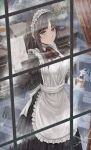  1girl apron black_hair blush cleaning closed_mouth earrings highres indoors jewelry long_hair looking_at_viewer maid maid_apron maid_headdress mole mole_under_eye original sidelocks silvertsuki solo standing window yellow_eyes 