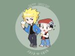  2boys black_hair black_shirt blonde_hair blue_jacket blue_pants casteliacone chain closed_mouth daifuku_(pokefuka_art) food food_on_face green_background grey_footwear hand_in_pocket hat ice_cream jacket lucas_(pokemon) male_focus multiple_boys pants pokemon pokemon_(game) pokemon_dppt red_headwear red_scarf scarf shirt shoes short_hair short_sleeves smile sparkle spiky_hair standing tongue tongue_out volkner_(pokemon) 