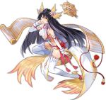  1girl :d ark_order artist_request bangs bare_shoulders black_hair bow breasts detached_sleeves dress feather_hair_ornament feathers full_body hair_ornament head_wings large_breasts long_hair looking_at_viewer official_art pelvic_curtain red_bow scroll side_slit sideboob sidelocks sleeve_cuffs smile solo tachi-e thigh-highs transparent_background v-shaped_eyebrows very_long_hair waist_bow white_dress white_legwear xuannu_(ark_order) yellow_eyes 