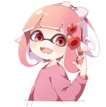 1girl bangs blush bow fangs hair_bow hair_ornament hairclip hand_in_hair heart heart_hair_ornament inkling long_hair long_sleeves looking_to_the_side namori nose_bubble open_mouth pink_bow pink_eyes pink_hair pink_shirt pointing pointing_up pointy_ears shirt short_hair simple_background smile solo splatoon_(series) tied_hair upper_body white_background 
