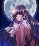  1girl bangs black_hair blunt_bangs blush bow bowtie breasts closed_mouth commentary_request eyebrows_visible_through_hair eyelashes frilled_shirt_collar frills full_moon hime_cut houraisan_kaguya japanese_clothes lips long_hair long_sleeves looking_at_viewer looking_back medium_breasts moon night okawa_friend pink_shirt shiny shiny_hair shirt sidelocks solo standing tearing_up tears touhou violet_eyes white_bow white_bowtie white_neckwear 