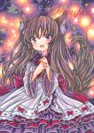  1girl :d animal_ear_fluff animal_ears blush brown_hair dress eyebrows_visible_through_hair fox_tail frilled_dress frills hair_between_eyes imaizumi_kagerou long_sleeves looking_at_viewer marker_(medium) nail_polish open_mouth purple_background red_eyes red_nails red_ribbon ribbon ribbon-trimmed_dress rui_(sugar3) sample smile solo tail touhou traditional_media white_dress wide_sleeves wolf_ears 