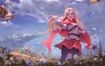  1girl absurdres asuna_(sao) bangs bee belt bingwei_huang black_belt blue_sky blurry blurry_background brown_eyes brown_hair bug cape clouds feet_out_of_frame flower grass hair_flower hair_ornament highres holding holding_sword holding_weapon long_hair long_sleeves looking_at_viewer outdoors pantyhose rapier red_cape red_skirt scenery sheath shirt skirt sky solo standing sword sword_art_online teeth unsheathed upper_teeth weapon white_flower 