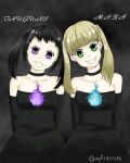  2girls black_hair blonde_hair breasts dress elbow_gloves gloves green_eyes harudori_tsugumi long_hair looking_at_viewer maka_albarn multiple_girls simple_background smile soul_eater soul_eater_not! twintails violet_eyes 