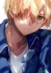  1boy blonde_hair closed_mouth collarbone eugeo frown green_eyes hair_over_one_eye looking_at_viewer male_focus ogura_ari shirt short_hair solo sword_art_online upper_body white_shirt 